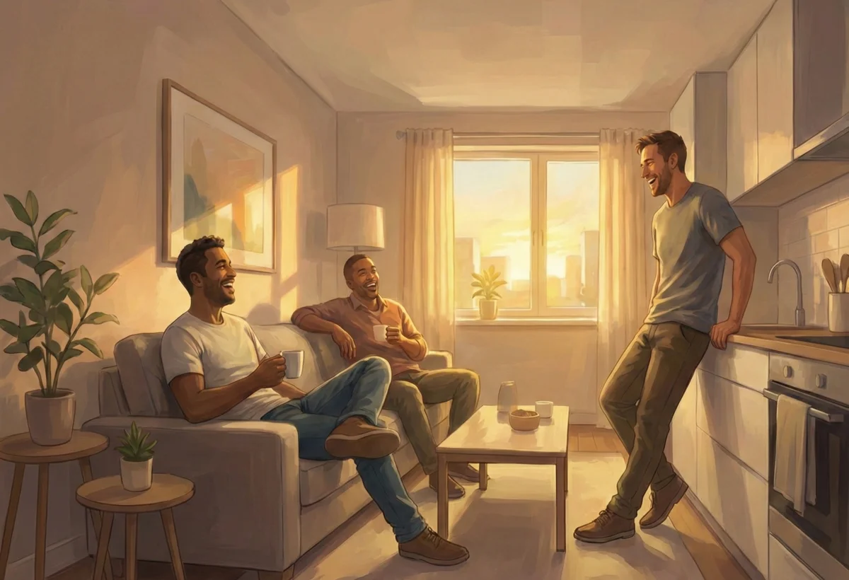 Zufriedene Monteure entspannen sich nach Feierabend in einer gemütlichen Monteurunterkunft in NRW